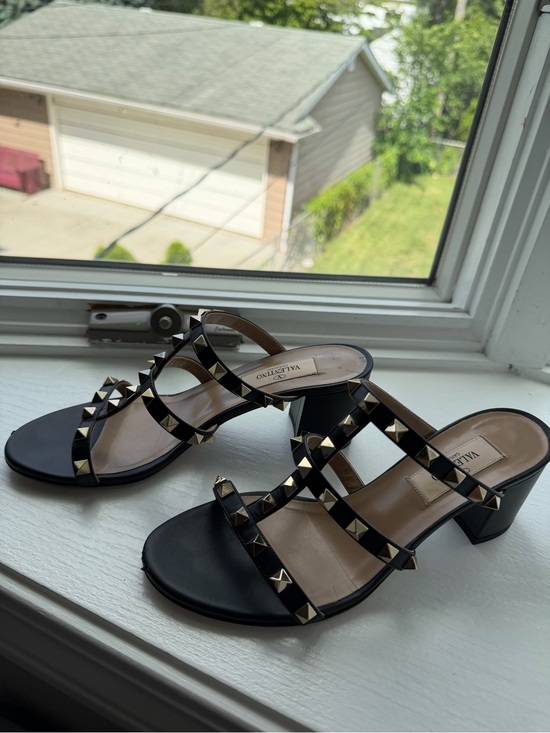 Valentino Shoes - Valentino Black Gold-Studded Strappy Block Heel Sandals